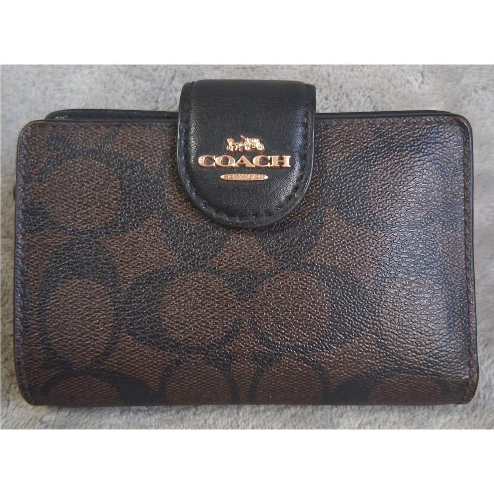 COACH Medium Corner Zip Wallet Signature Canvas Brown Black C0082 Authentic